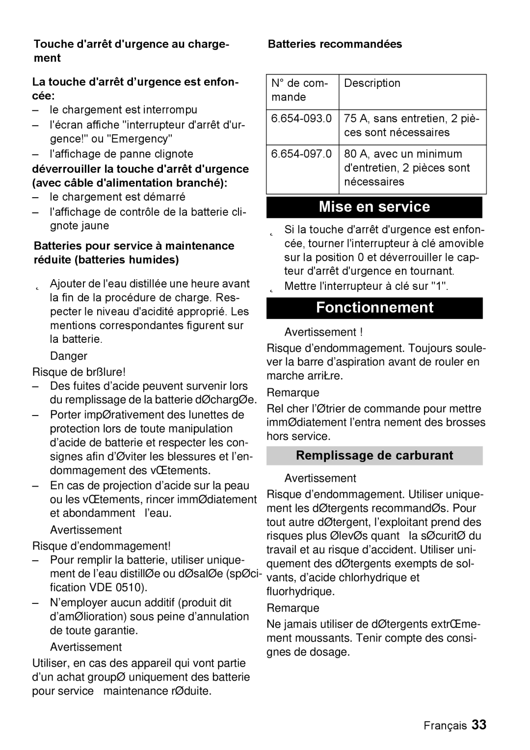 Windsor 22 SP manual Mise en service, Fonctionnement, Remplissage de carburant, Batteries recommandées 