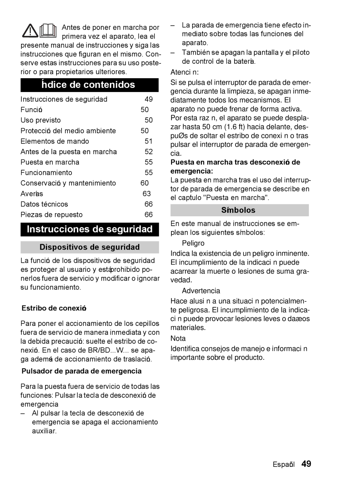 Windsor 22 SP manual Índice de contenidos, Instrucciones de seguridad, Símbolos, Dispositivos de seguridad 