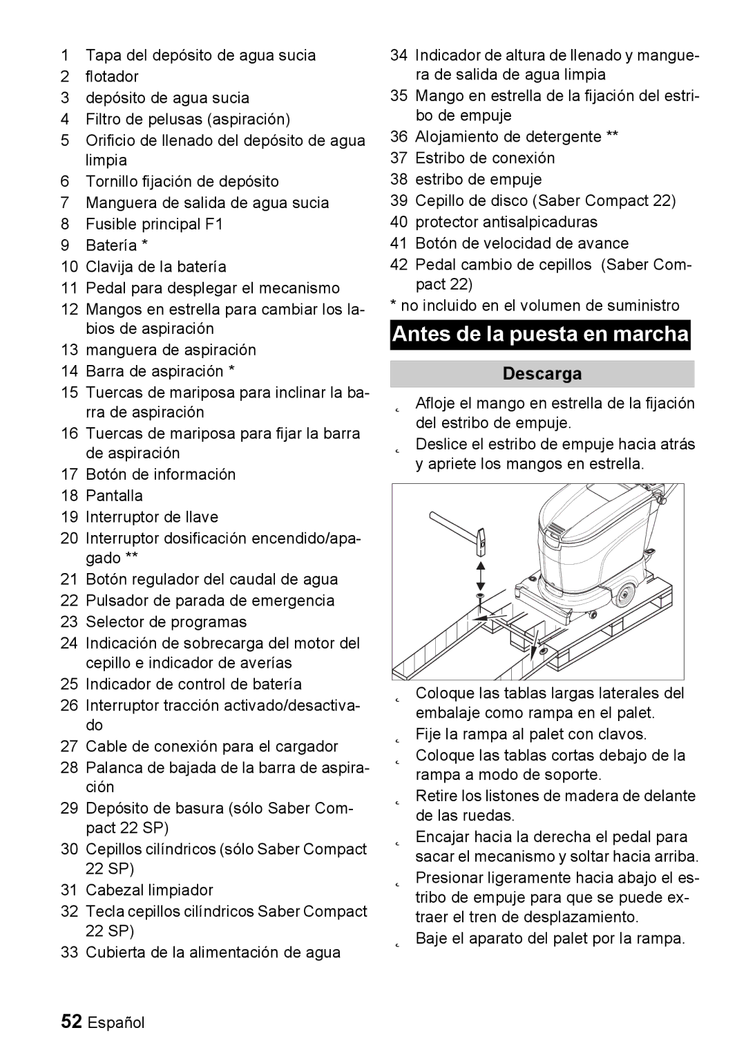 Windsor 22 SP manual Antes de la puesta en marcha, Descarga 