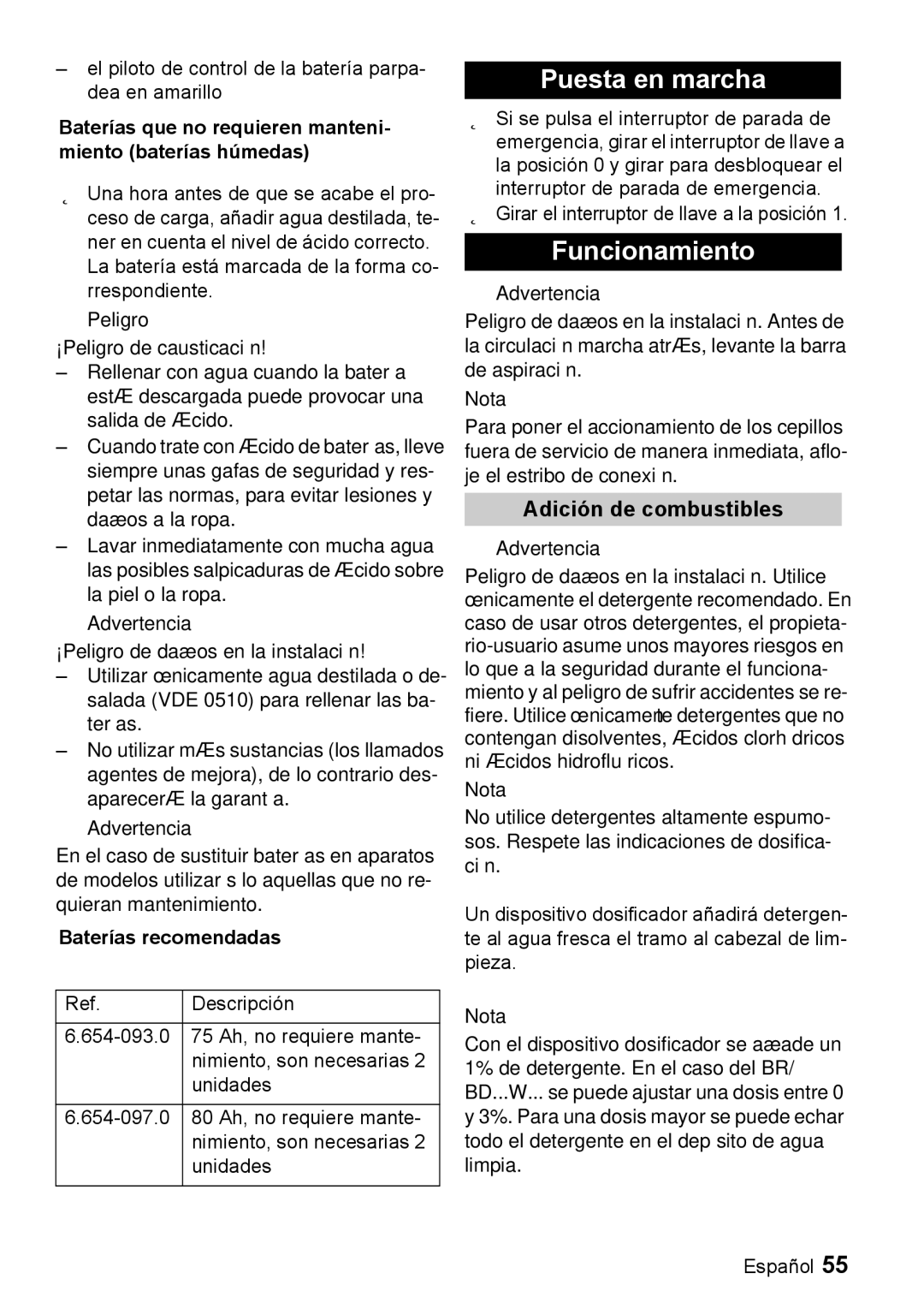 Windsor 22 SP manual Puesta en marcha, Funcionamiento, Adición de combustibles, Baterías recomendadas 