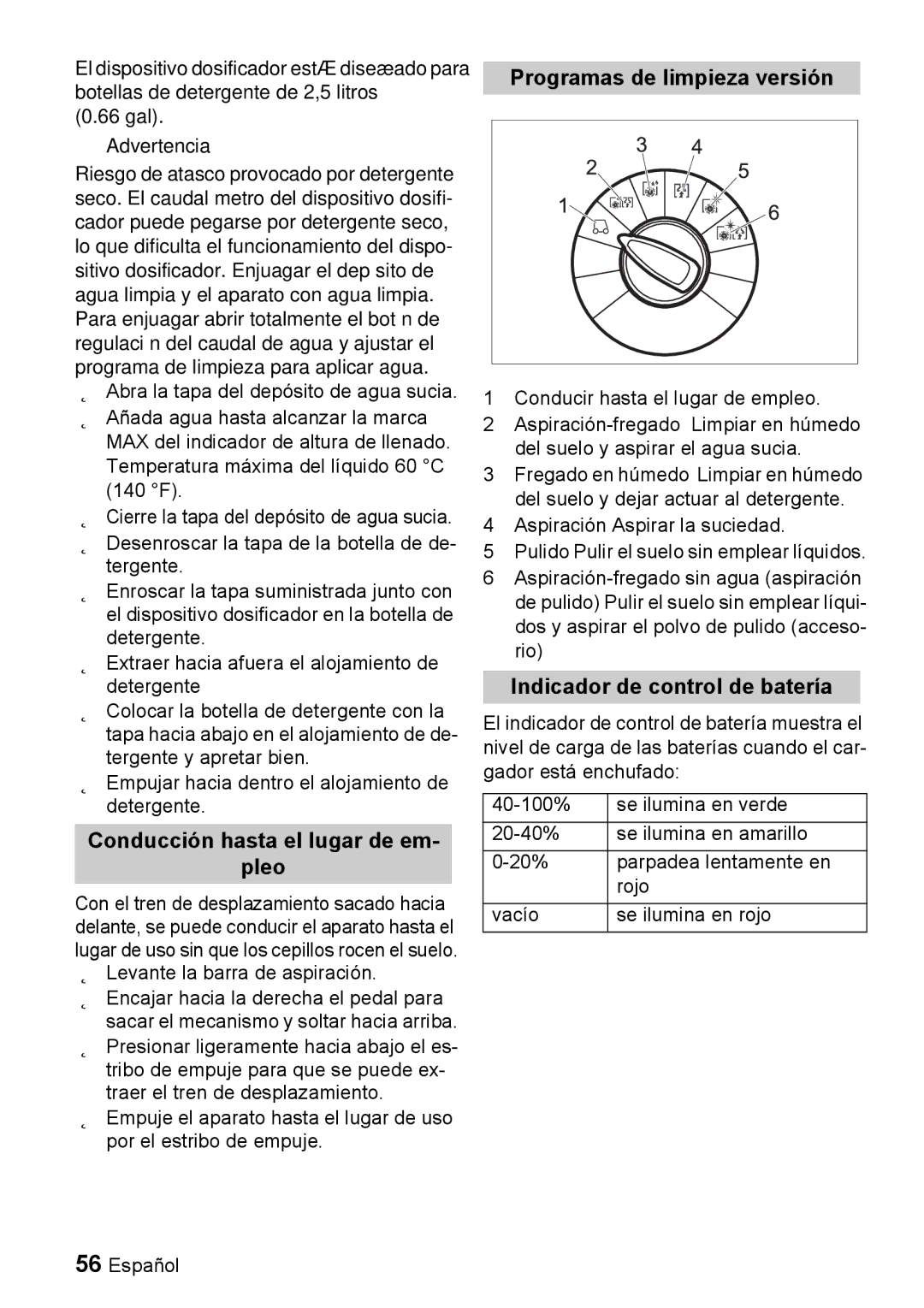 Windsor 22 SP manual Conducción hasta el lugar de em Pleo, Programas de limpieza versión, Indicador de control de batería 