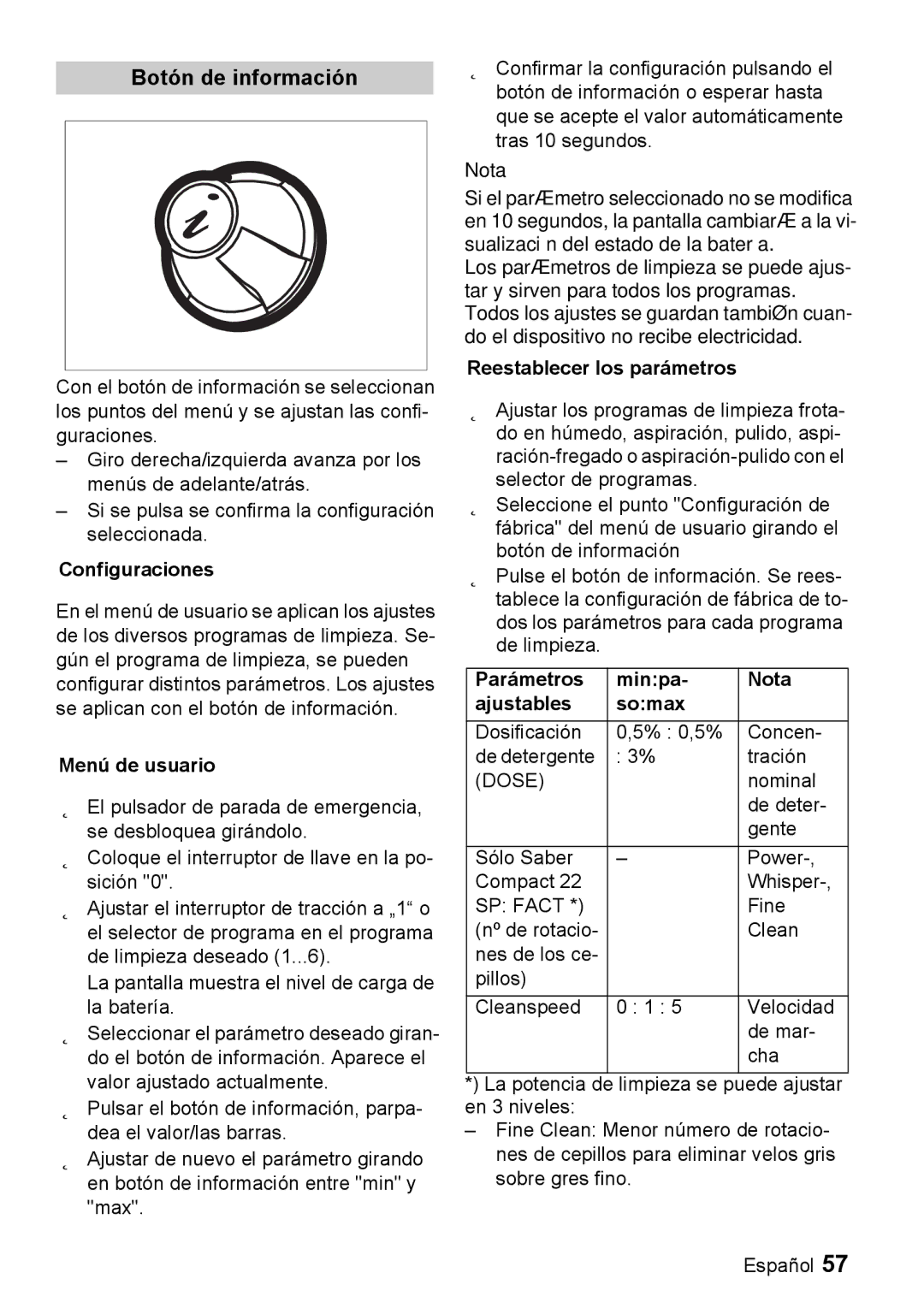 Windsor 22 SP manual Botón de información, Configuraciones, Menú de usuario, Reestablecer los parámetros 