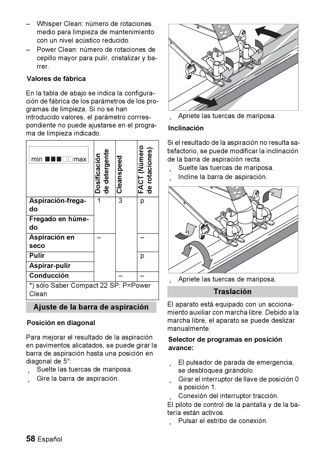 Windsor 22 SP manual Ajuste de la barra de aspiración, Traslación 