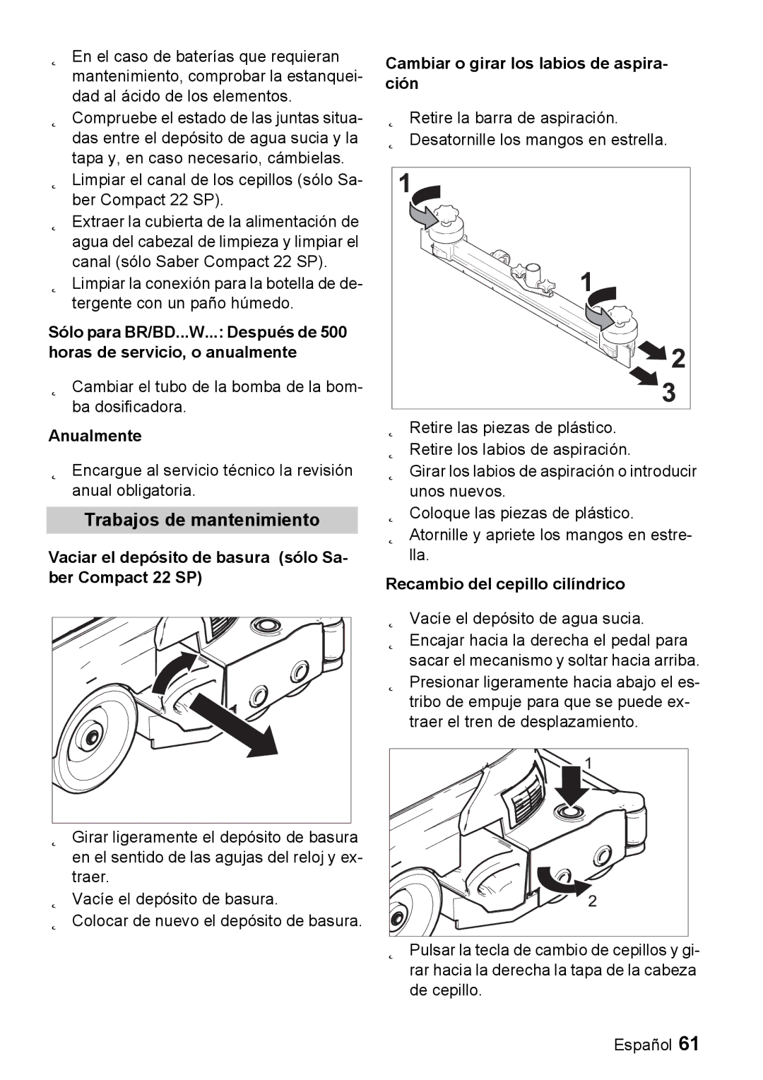 Windsor manual Trabajos de mantenimiento, Anualmente, Vaciar el depósito de basura sólo Sa- ber Compact 22 SP 