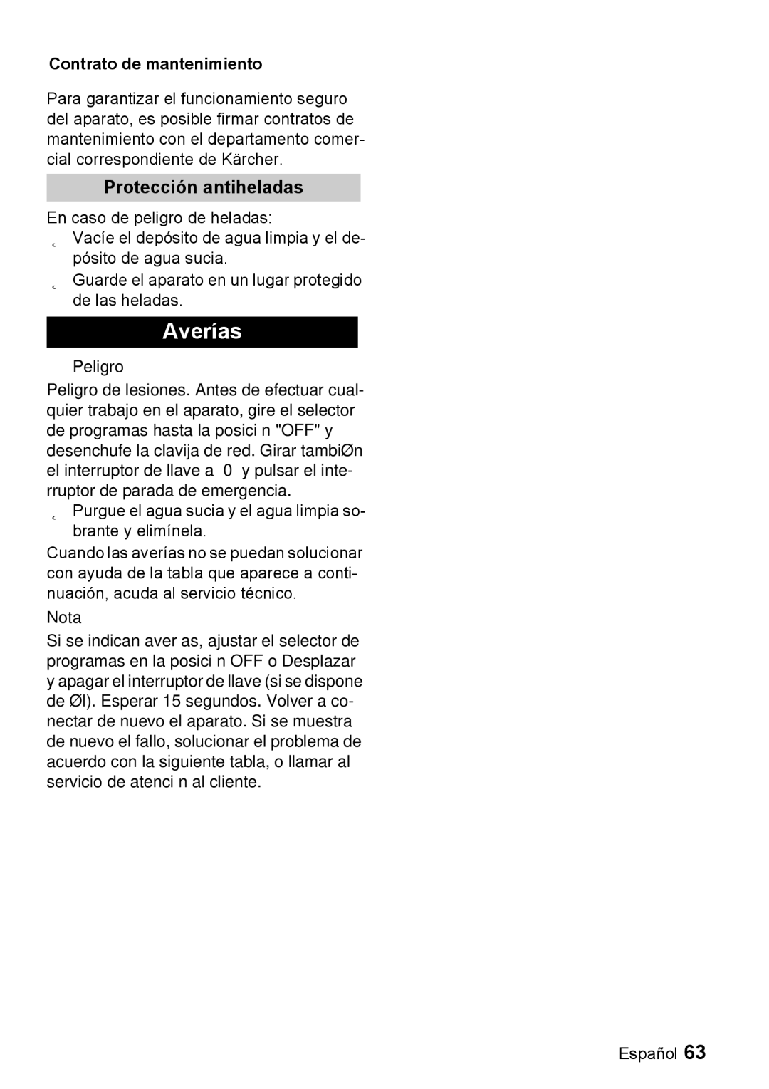 Windsor 22 SP manual Averías, Protección antiheladas, Contrato de mantenimiento 