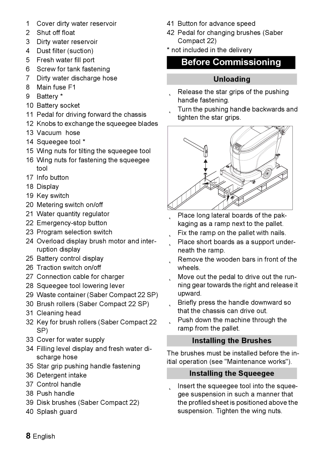 Windsor 22 SP manual Before Commissioning, Unloading, Installing the Brushes, Installing the Squeegee 