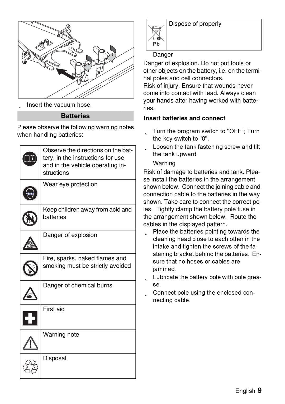 Windsor 22 SP manual Batteries, Insert the vacuum hose, Insert batteries and connect 