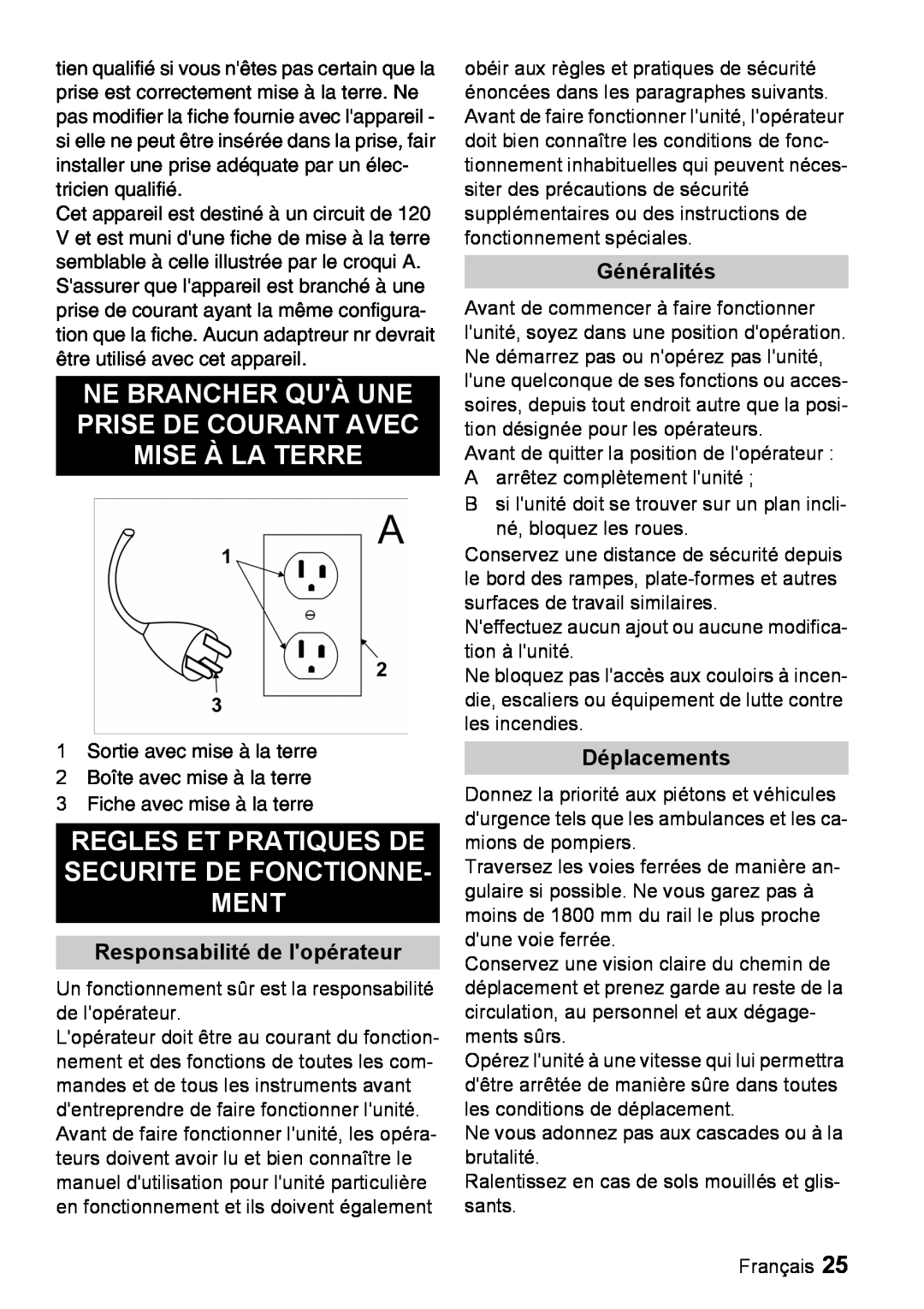 Windsor 22 SP manual Responsabilité de lopérateur, Généralités, Déplacements 
