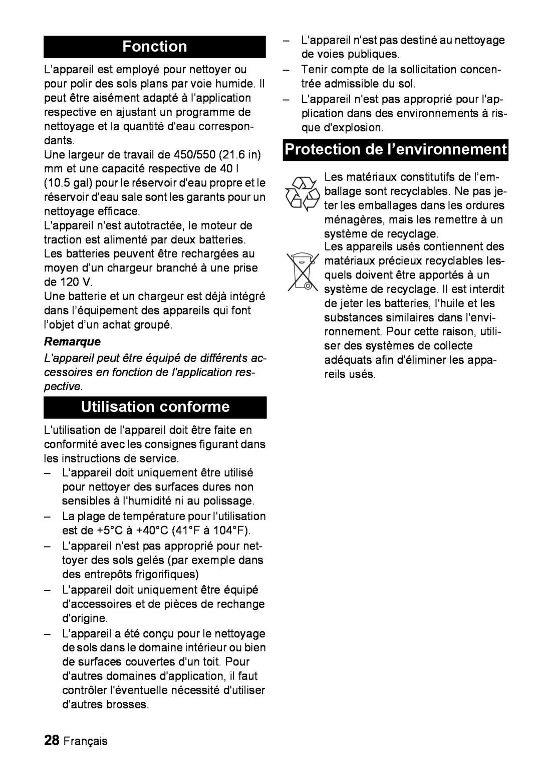 Windsor 22 SP manual Fonction, Utilisation conforme, Protection de l’environnement, Remarque 