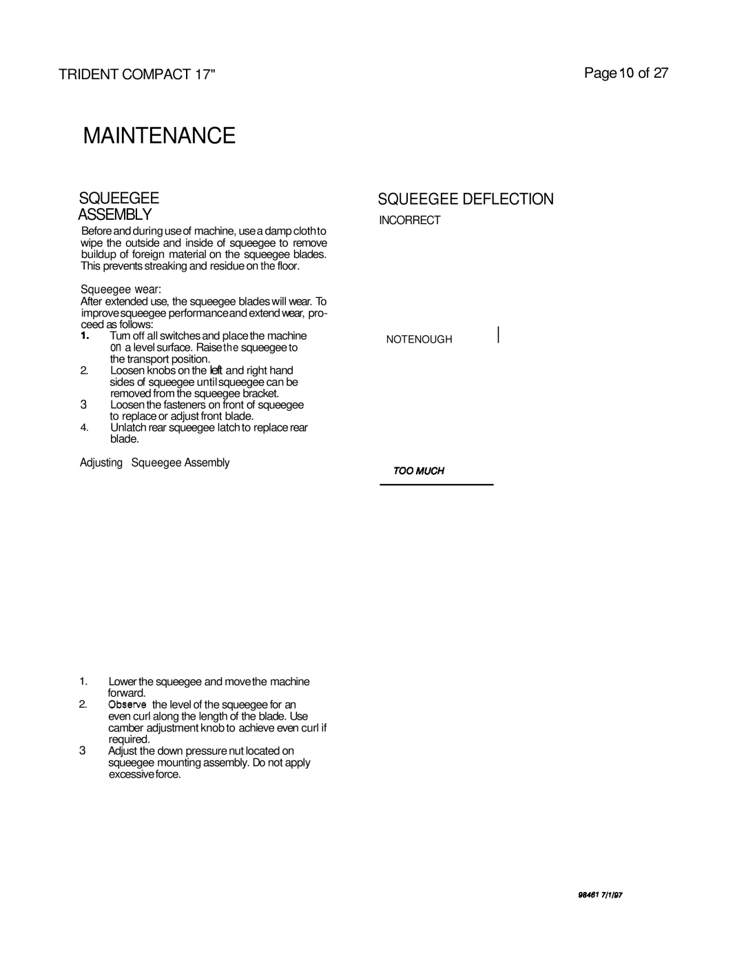 Windsor 230V, 240V operating instructions Maintenance, Squeegee Assembly, Squeegee Deflection 