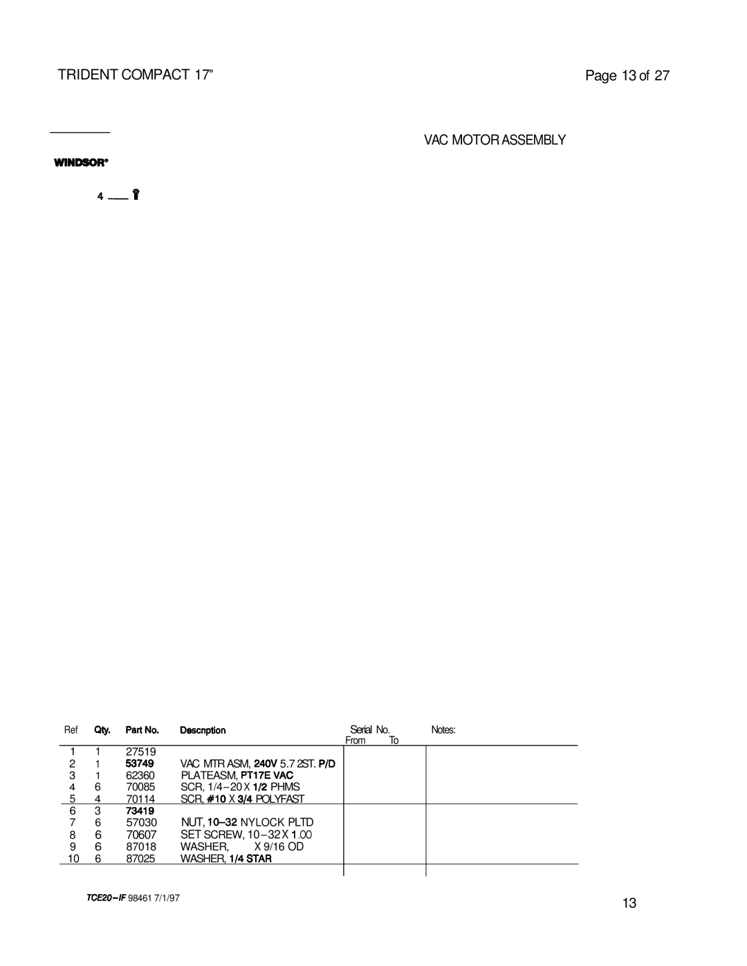 Windsor 240V, 230V operating instructions VAC Motor Assembly, Oescnption 