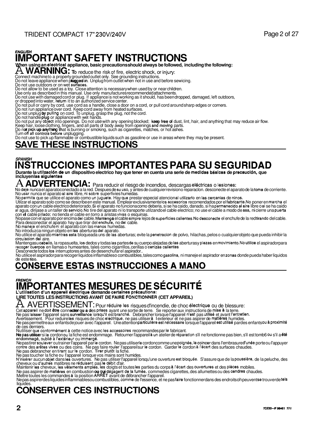 Windsor 230V, 240V operating instructions Important Safety Instructions 