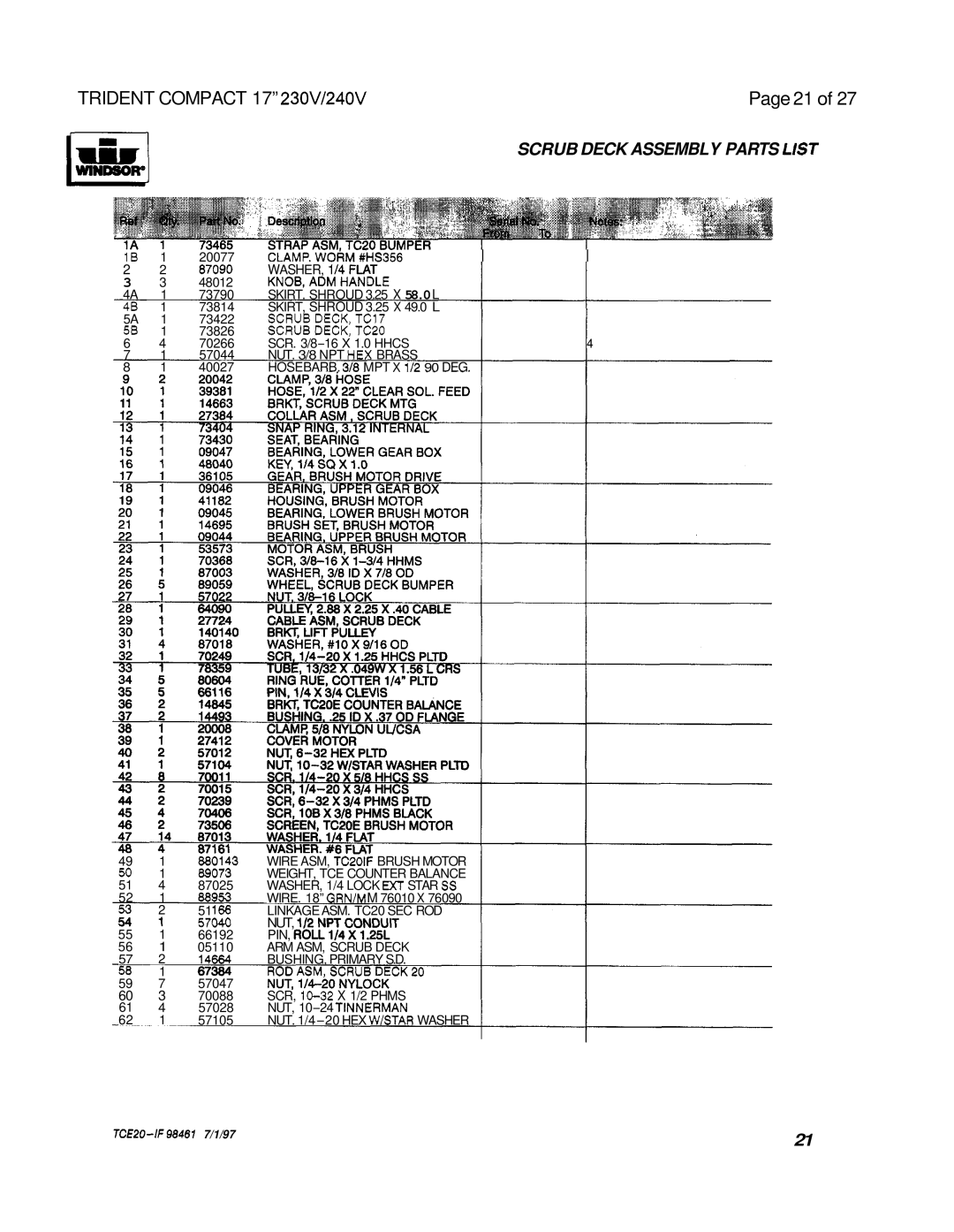 Windsor 240V, 230V operating instructions Scrub Deck Assembly Parts List, ASH ER , i i 4 F L a 