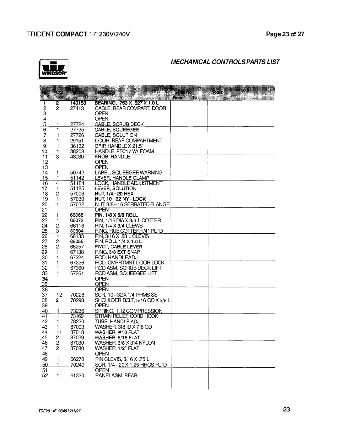 Windsor 240V, 230V operating instructions Mechanical Controls Parts List, Cable,Squeegee 