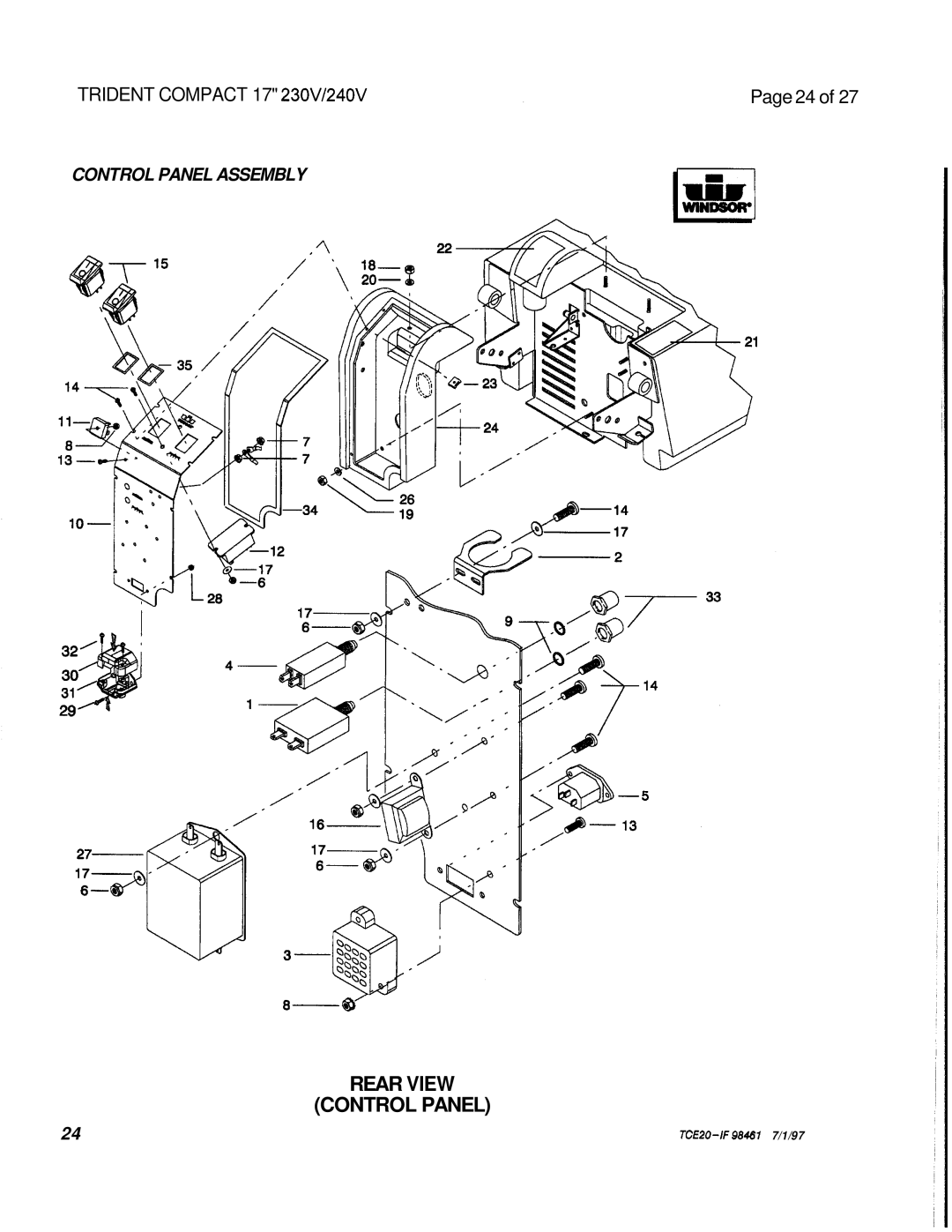 Windsor 230V, 240V operating instructions Rear View Control Panel, Control Panel Assembly 