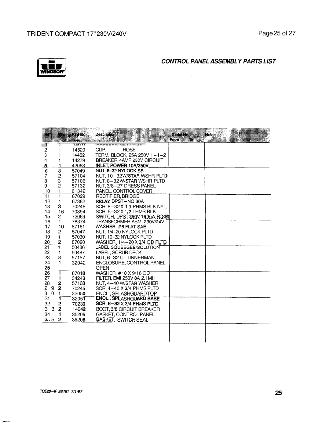 Windsor 240V, 230V operating instructions Control Panel Assembly Parts List, Relay DPST-NO30A 