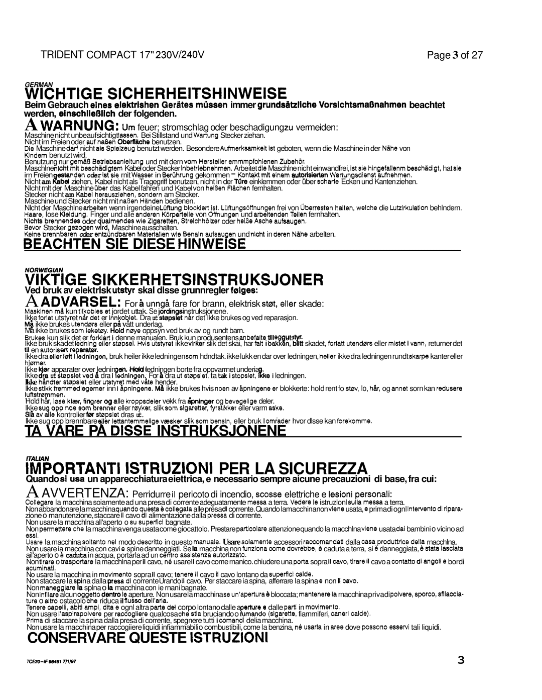 Windsor 240V, 230V operating instructions Importanti Istruzioni PER LA Sicurezza 