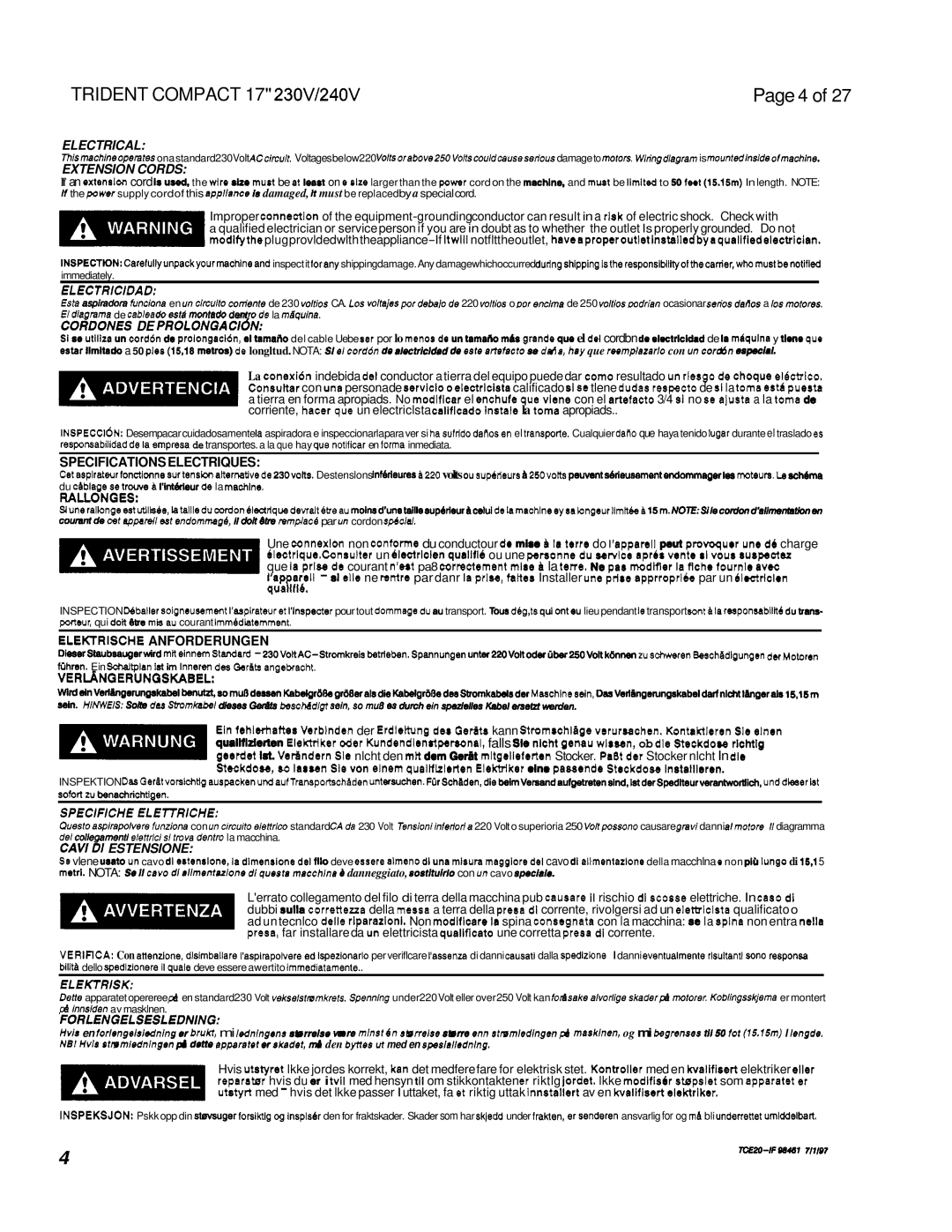 Windsor 230V, 240V operating instructions Specifications Electriques 