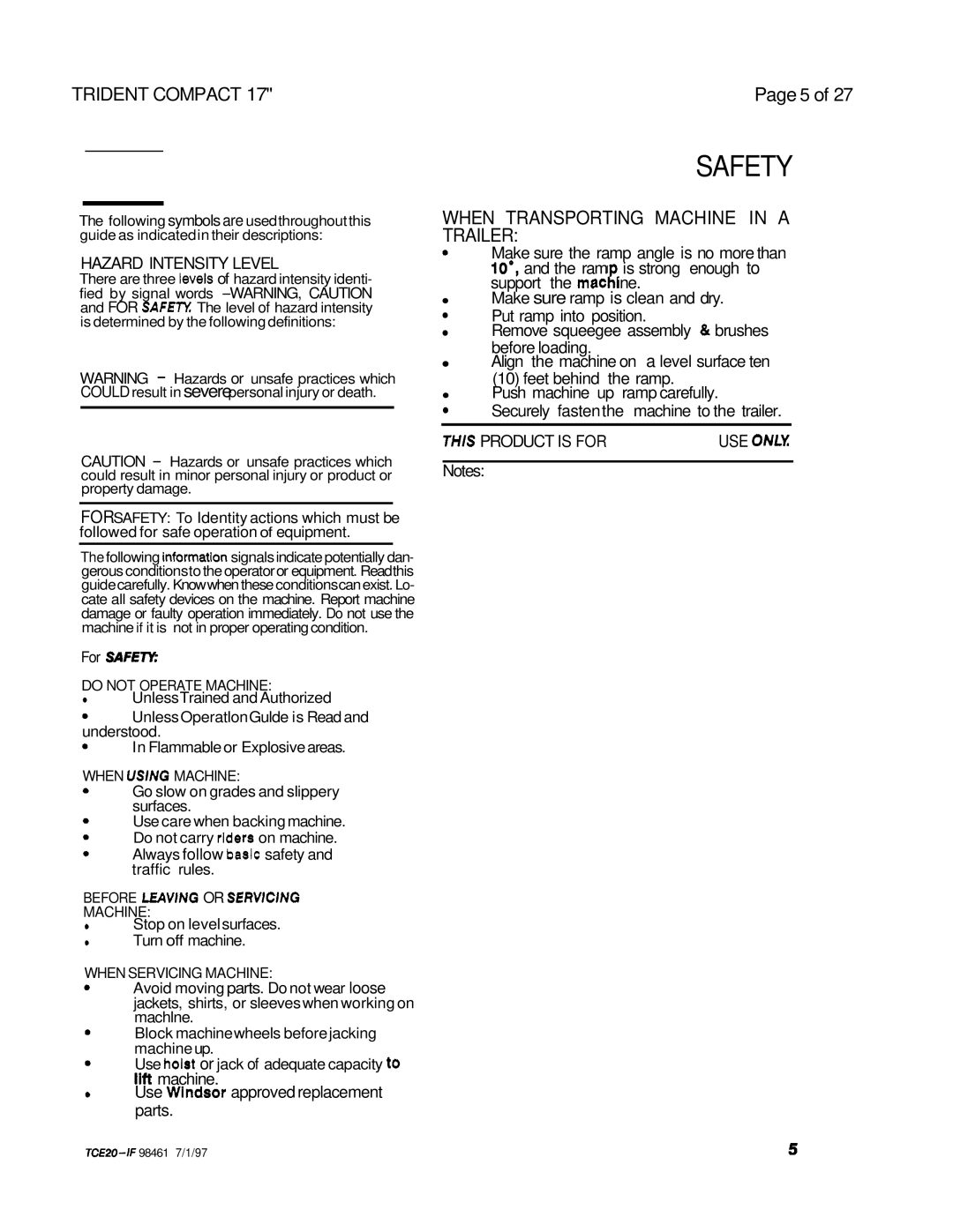 Windsor 240V, 230V operating instructions Safety, Hazard Intensity Level 