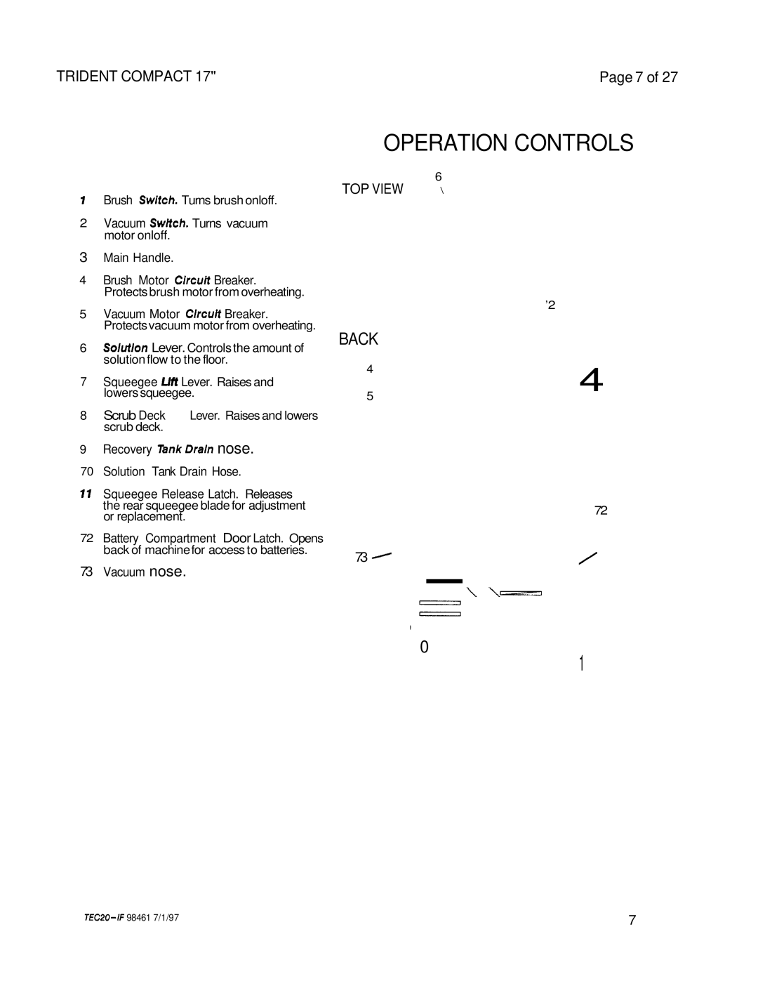 Windsor 240V, 230V operating instructions Operation Controls, TOP View 