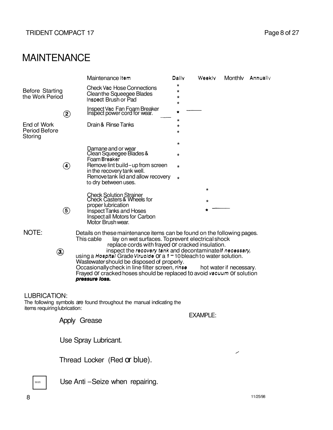 Windsor 230V, 240V operating instructions Maintenance 