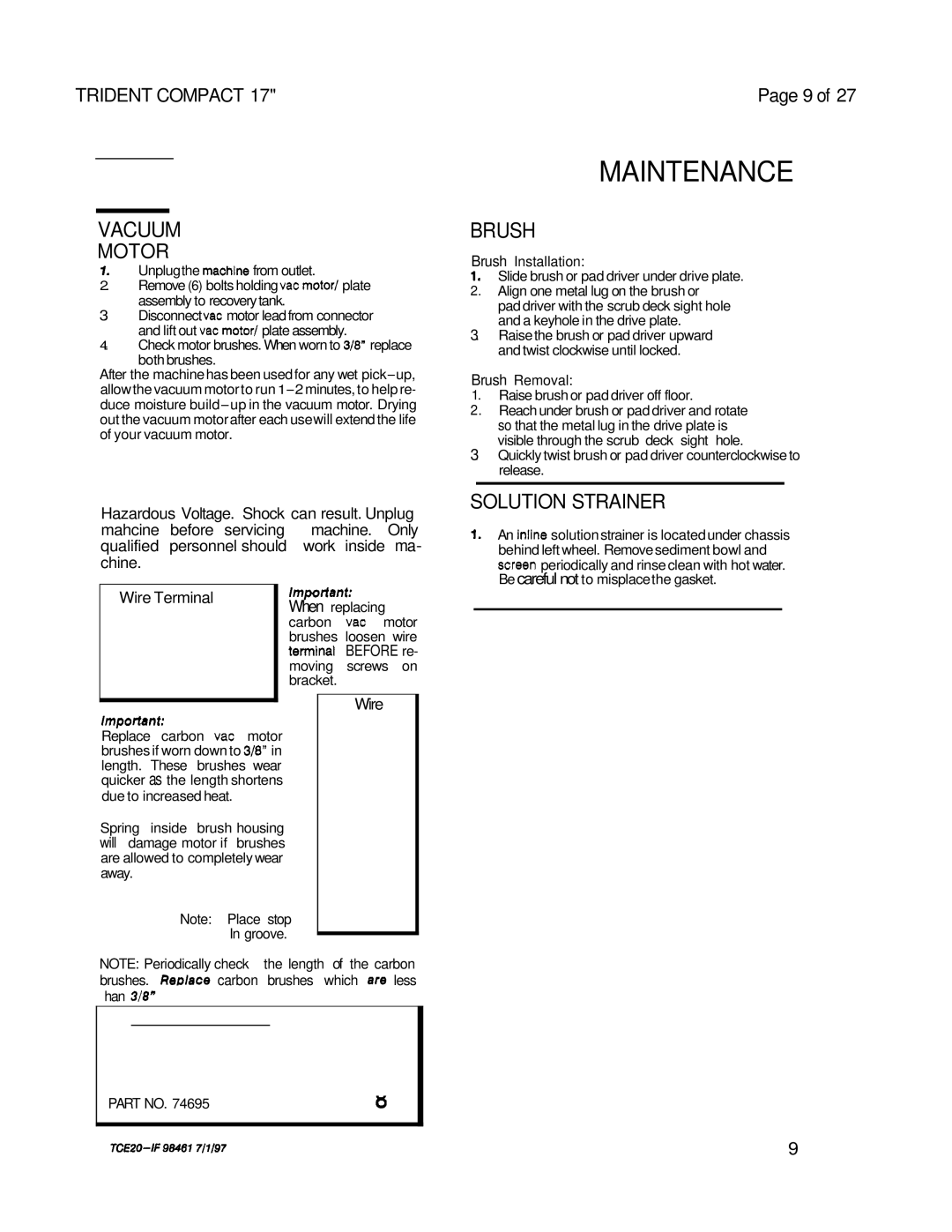 Windsor 240V, 230V operating instructions Motor, Solution Strainer 