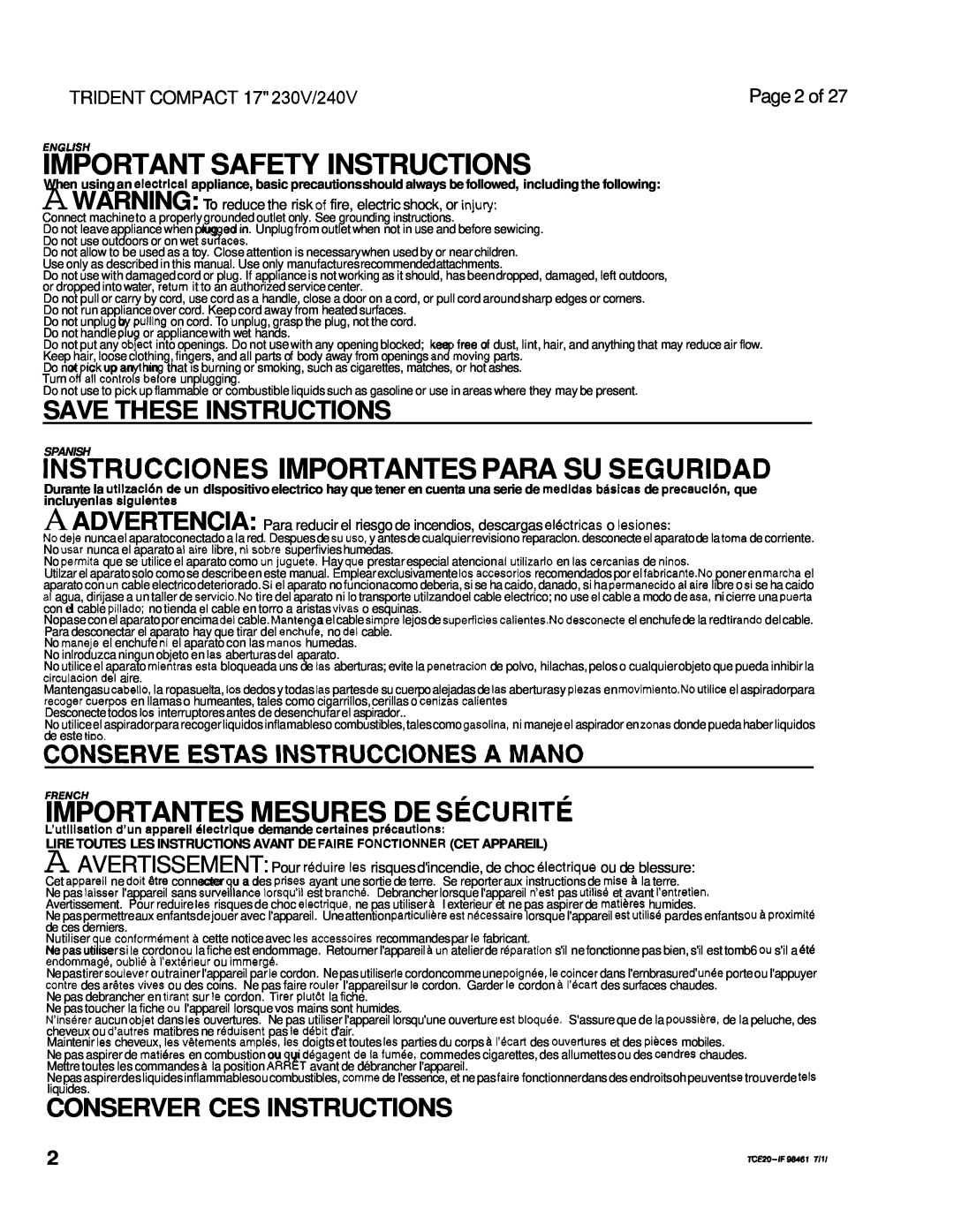 Windsor 230V Important Safety Instructions, Instrucciones Importantes Para Su Seguridad, Importantes Mesures De Securite 