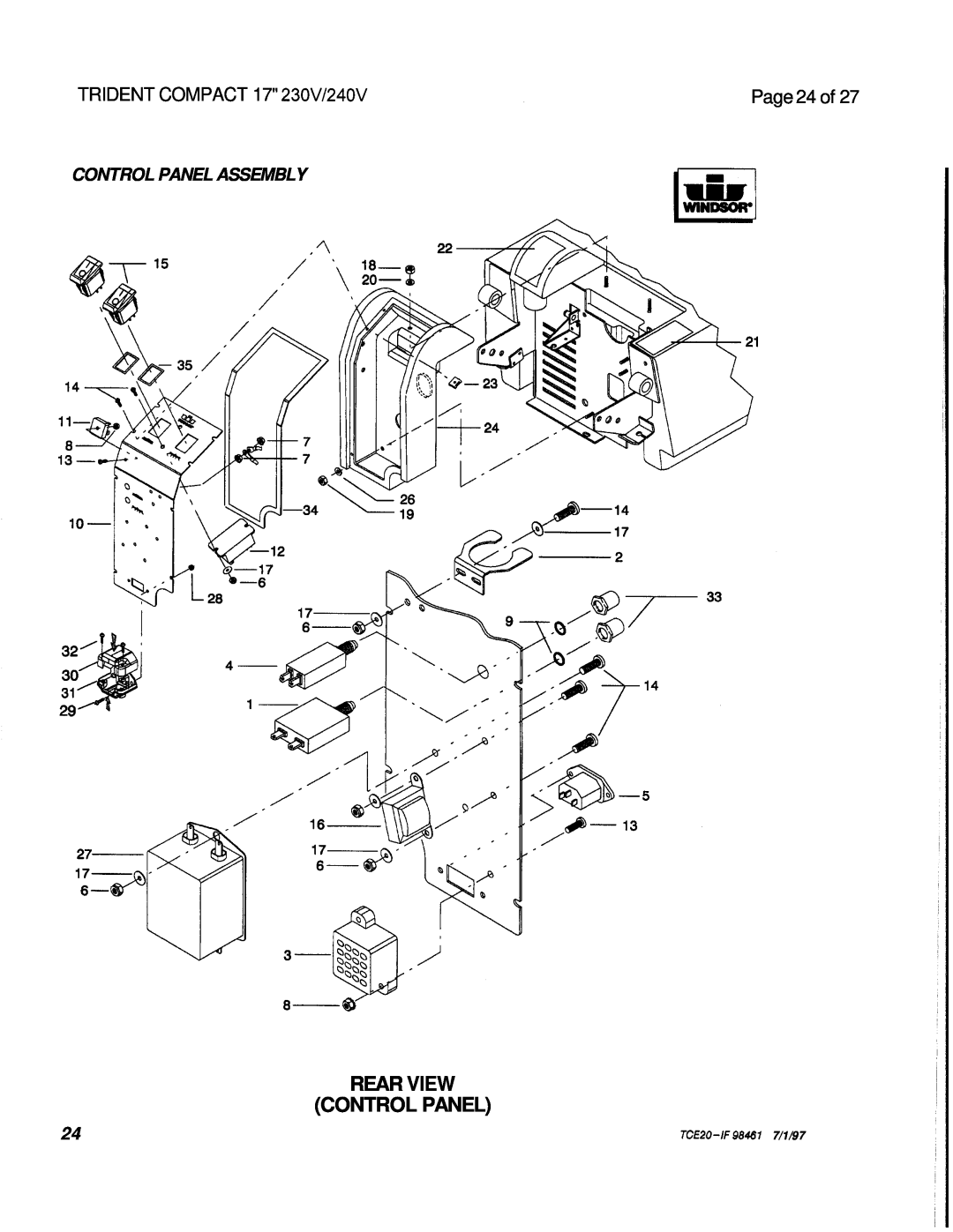 Windsor Rear View Control Panel, Page 24 of, Control Panel Assembly, TRIDENT COMPACT 17 230V/240V, TCE20-IF98461 7/1/97 