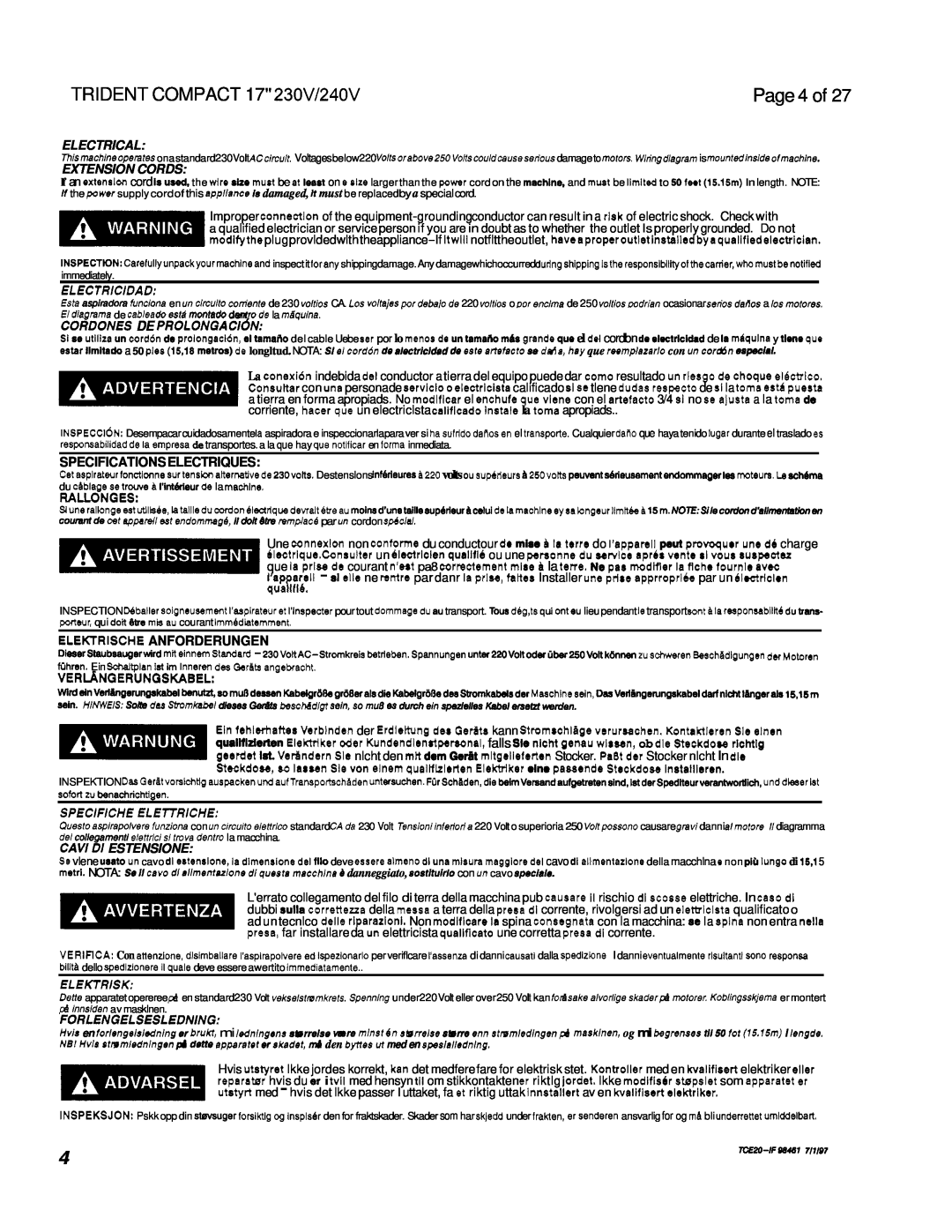 Windsor Page 4 of, TRIDENT COMPACT 17 230V/240V, Electrical, Extension Cords, Electricidad, Cordones De Prolongaci 