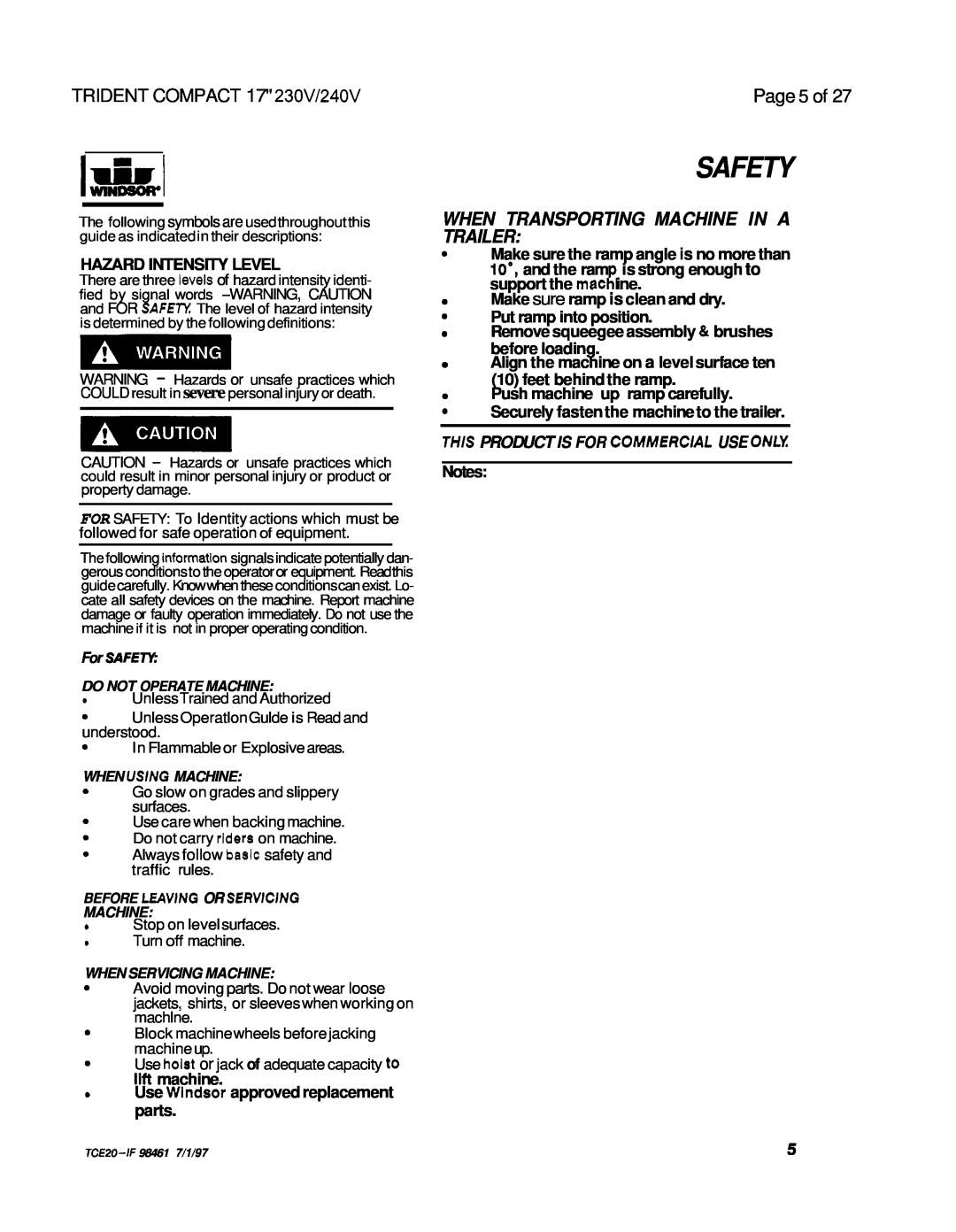 Windsor 240V, 230V Safety, When Transporting Machine In A Trailer, Page 5 of, Hazard Intensity Level, lltt machine 