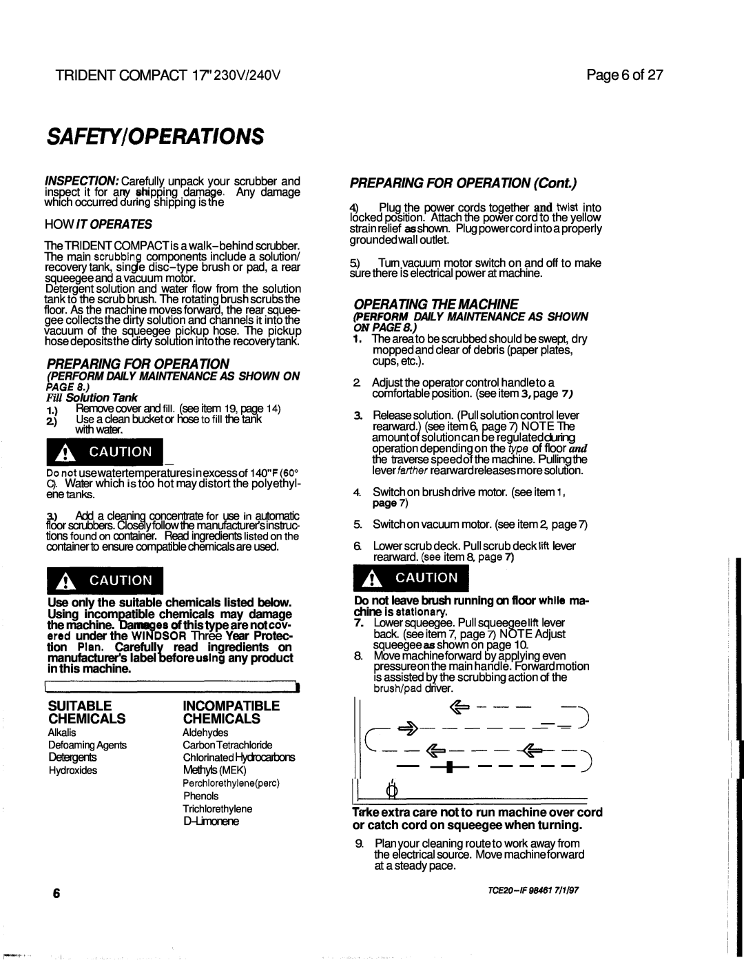 Windsor 230V, 240V Safenioperations, Page 6 of, Preparing For Operation, Suitable, Incompatible, Chemicals, +---------1 