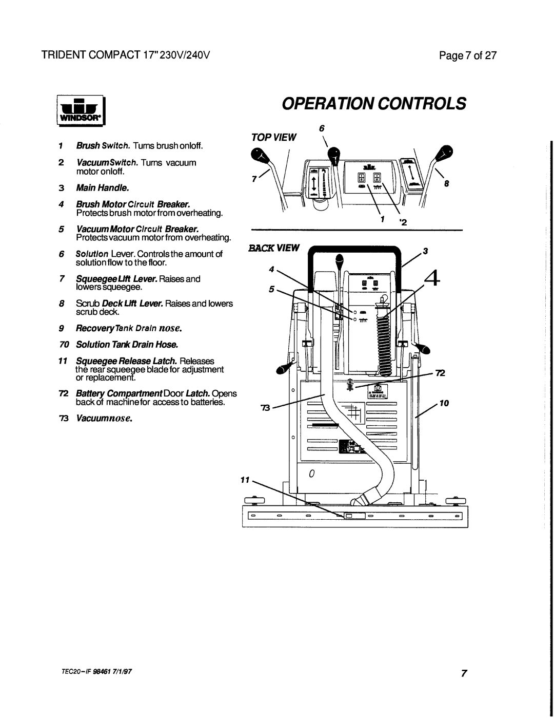 Windsor operating instructions Operation Controls, Page 7 of, Top View, ullI, Back, TRIDENT COMPACT 17 230V/240V 