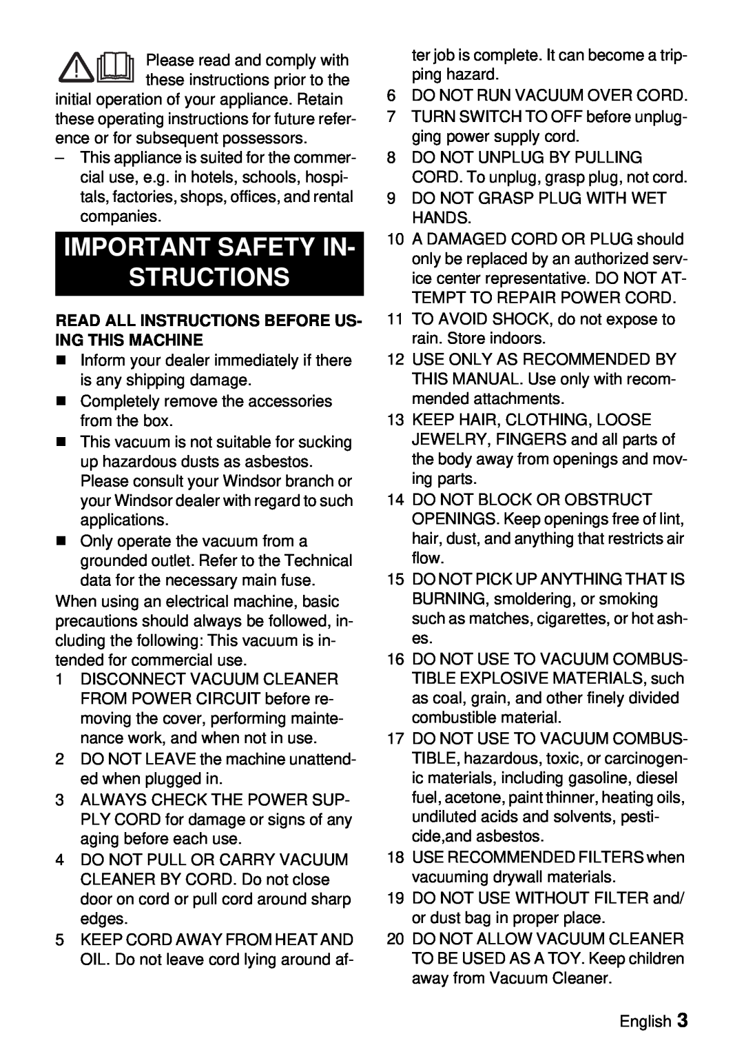 Windsor 3 manual Important Safety In Structions, Read All Instructions Before Us- Ing This Machine 