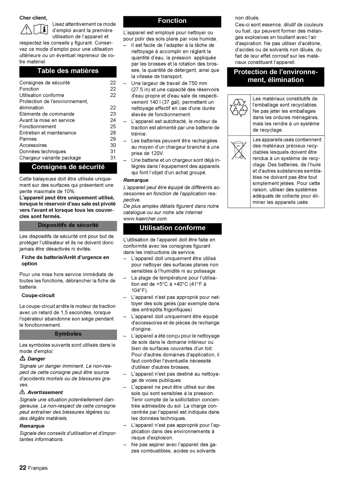 Windsor 30 SP manual Table des matières Fonction, Protection de lenvironne Ment, élimination, Consignes de sécurité 