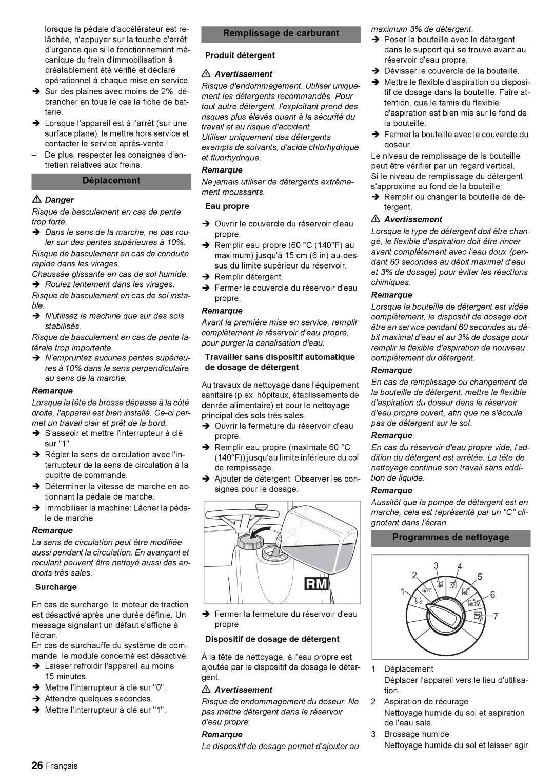 Windsor 30 SP manual Déplacement, Remplissage de carburant, Programmes de nettoyage 