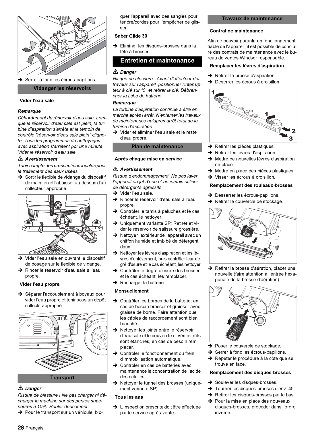 Windsor 30 SP manual Entretien et maintenance, Vidanger les réservoirs, Plan de maintenance, Travaux de maintenance 