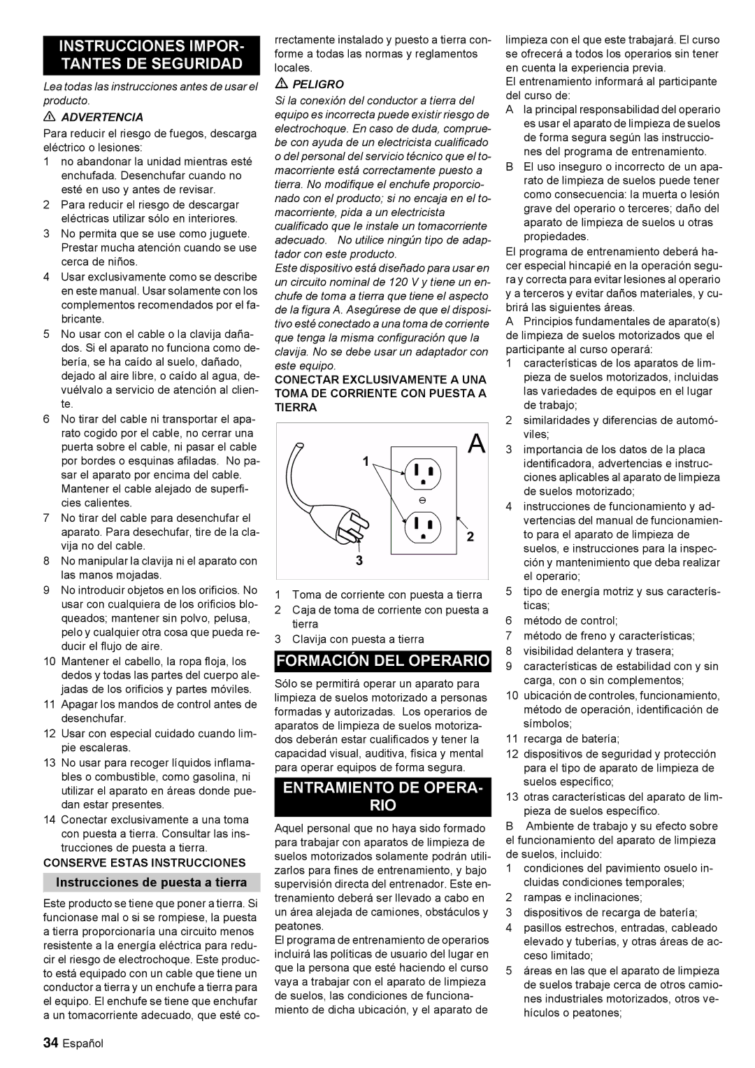 Windsor 30 SP manual Instrucciones IMPOR- Tantes DE Seguridad, Formación DEL Operario, Entramiento DE Opera RIO 