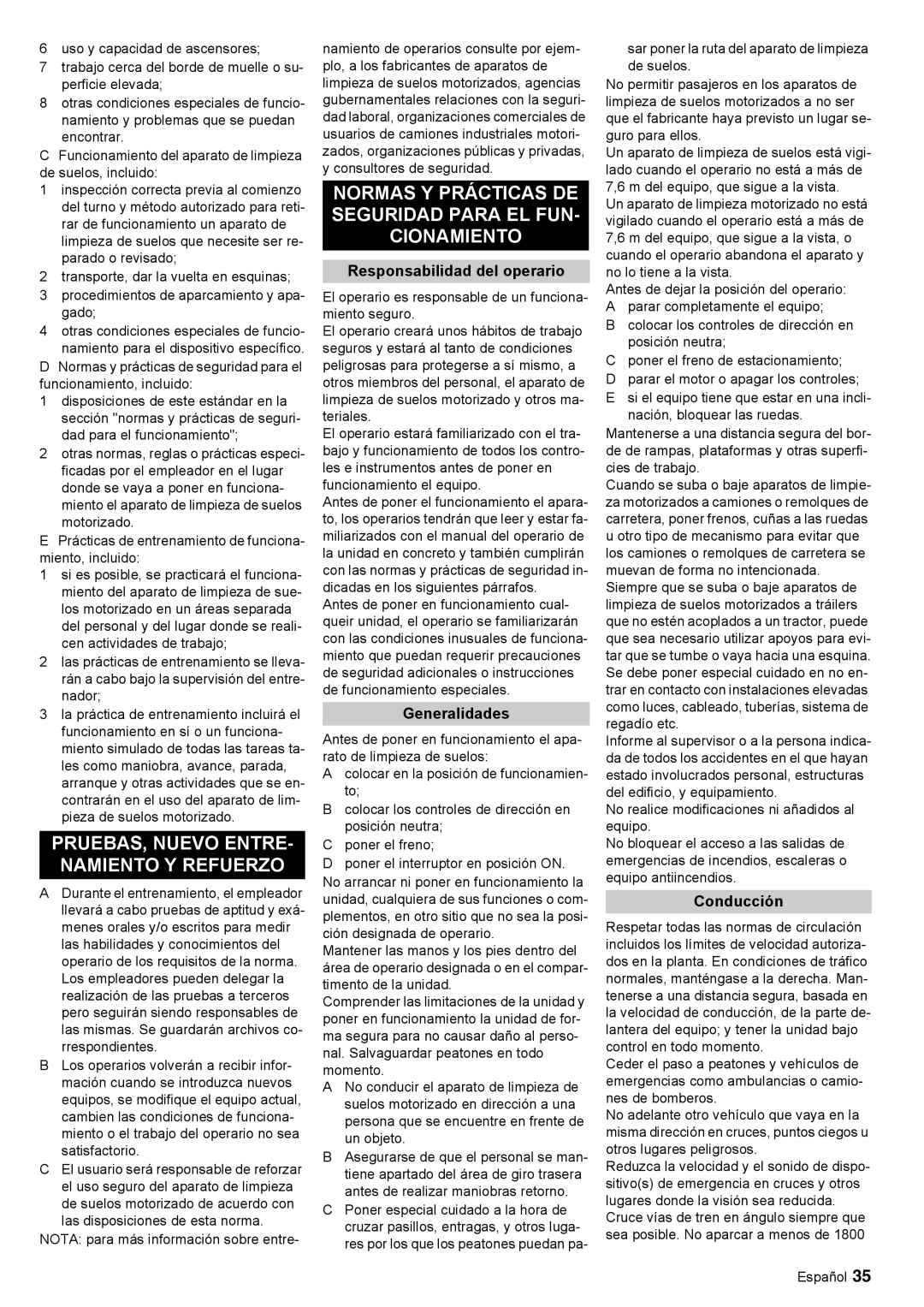 Windsor 30 SP Normas Y Prácticas DE Seguridad Para EL FUN- Cionamiento, Responsabilidad del operario, Generalidades 