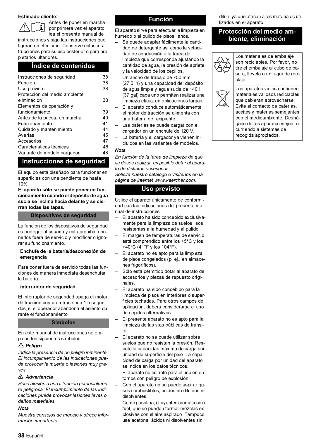 Windsor 30 SP manual Índice de contenidos Función, Protección del medio am Biente, eliminación, Instrucciones de seguridad 