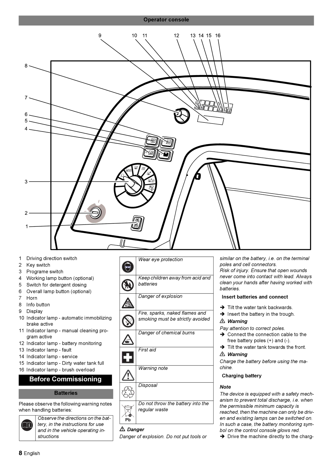 Windsor 30 SP manual Before Commissioning, Operator console, Batteries, Insert batteries and connect, Charging battery 