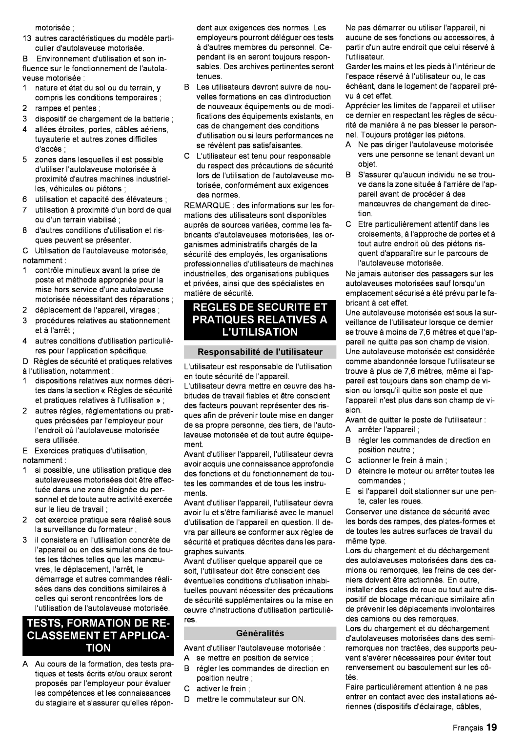 Windsor 30 SP manual Responsabilité de lutilisateur, Généralités 