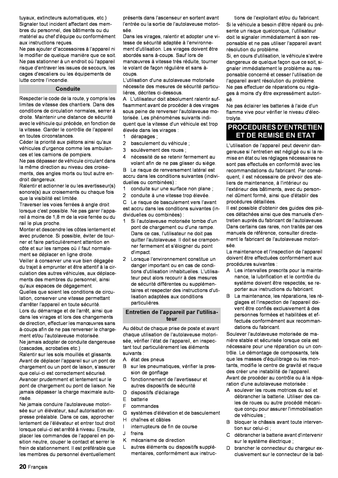 Windsor 30 SP manual Procedures Dentretien Et De Remise En Etat, Conduite, Entretien de lappareil par lutilisa teur 