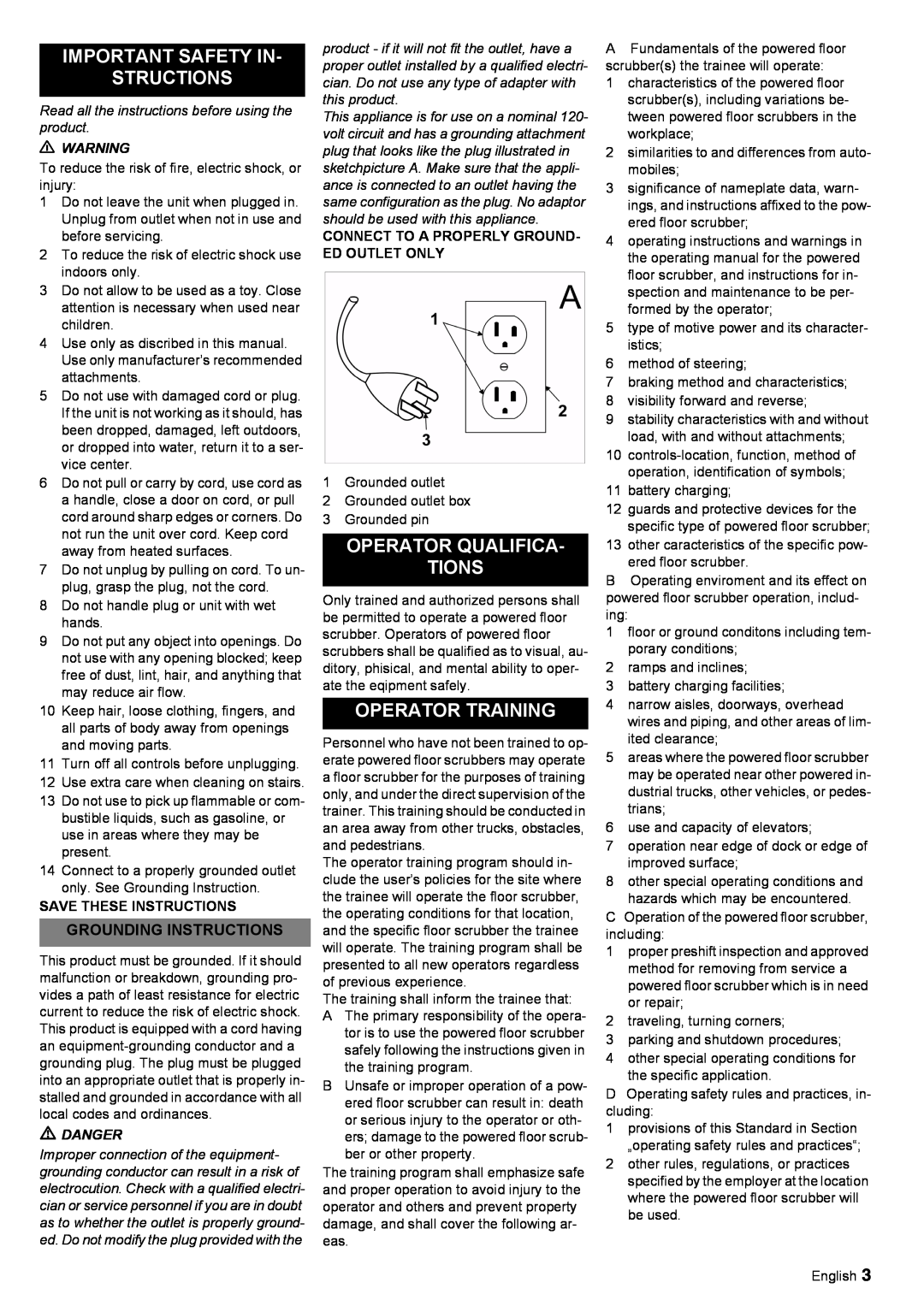 Windsor 30 SP manual Important Safety In Structions, Operator Qualifica Tions, Operator Training, Grounding Instructions 