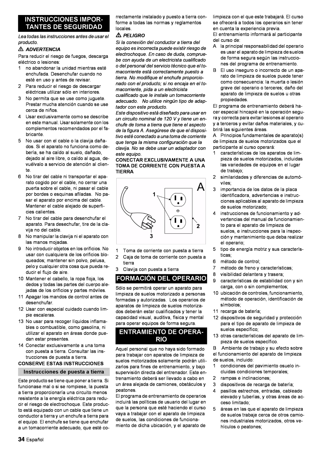 Windsor 30 SP manual Instrucciones Impor- Tantes De Seguridad, Formación Del Operario, Entramiento De Opera Rio 