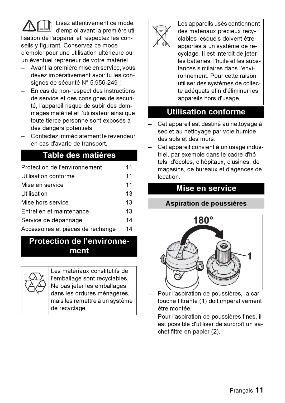 Windsor 7 manual Table des matières, Protection de l’environne Ment, Utilisation conforme, Mise en service 