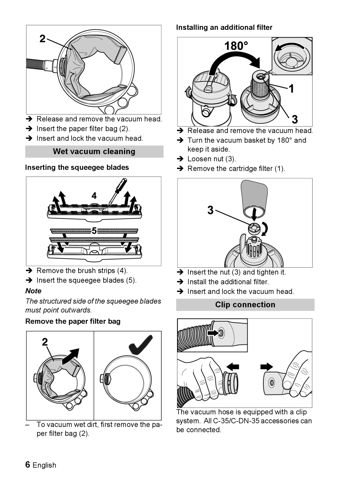 Windsor 7 manual Wet vacuum cleaning, Clip connection, Inserting the squeegee blades, Remove the paper filter bag 