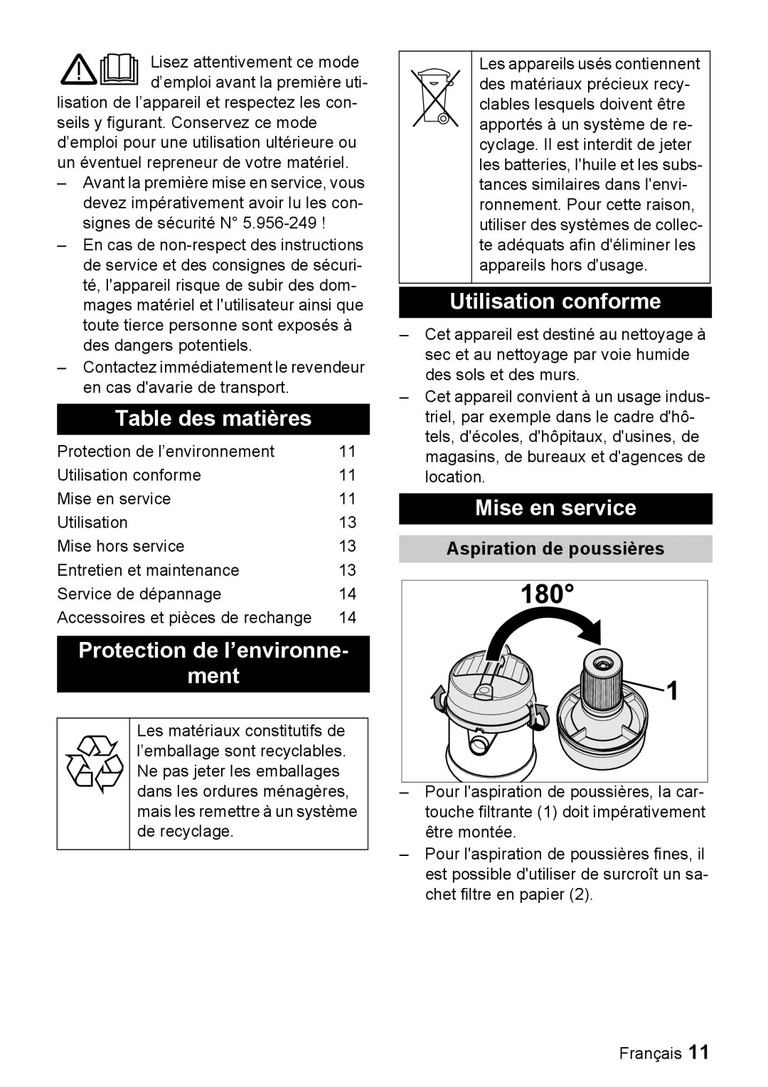 Windsor 7 manual Table des matières, Protection de l’environne ment, Utilisation conforme, Mise en service 