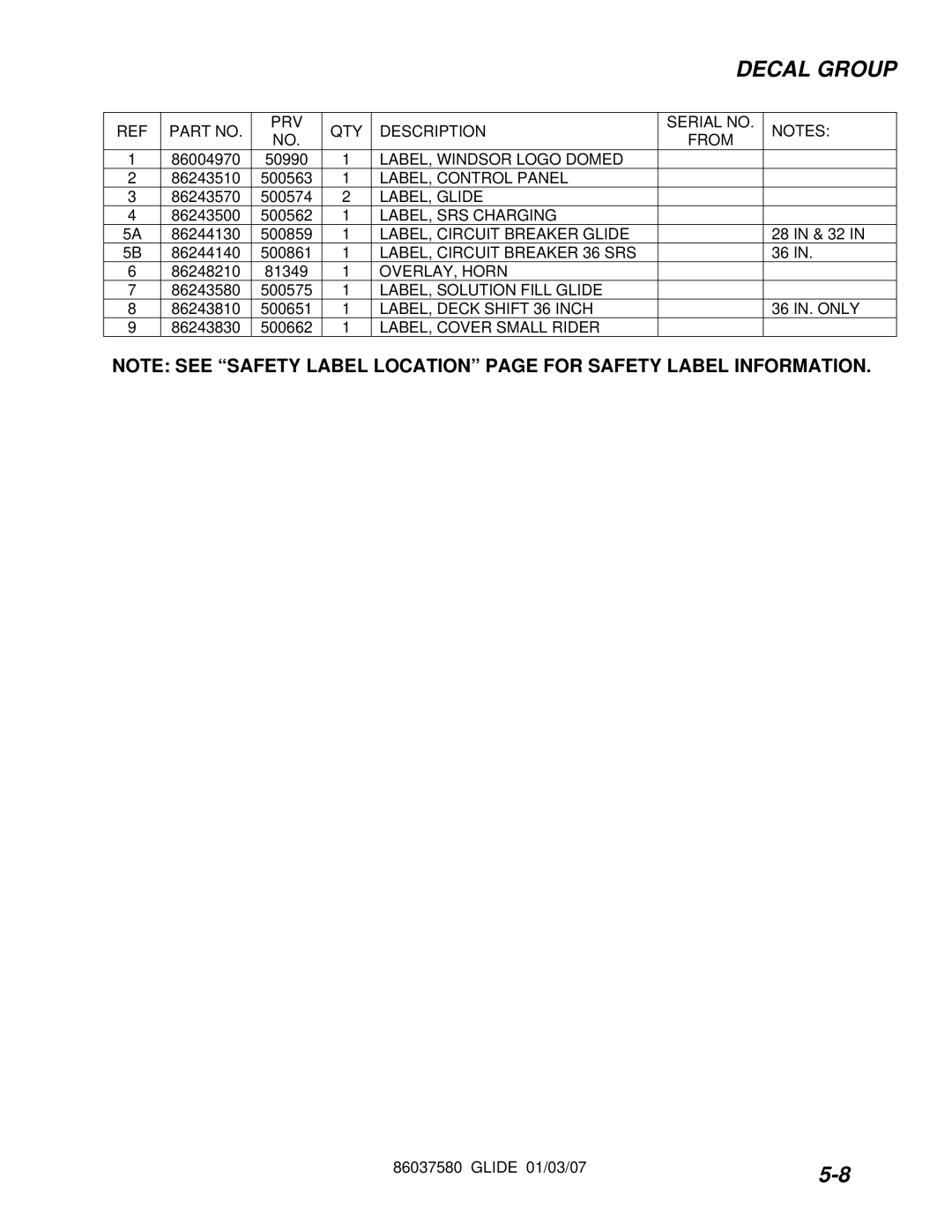 Windsor 86037580 LABEL, Windsor Logo Domed, LABEL, Glide, LABEL, SRS Charging, LABEL, Circuit Breaker Glide, OVERLAY, Horn 