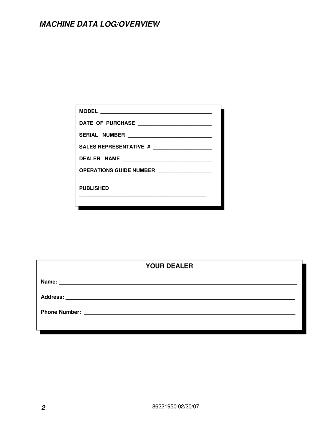 Windsor 86221950 manual Machine Data LOG/OVERVIEW, Model 