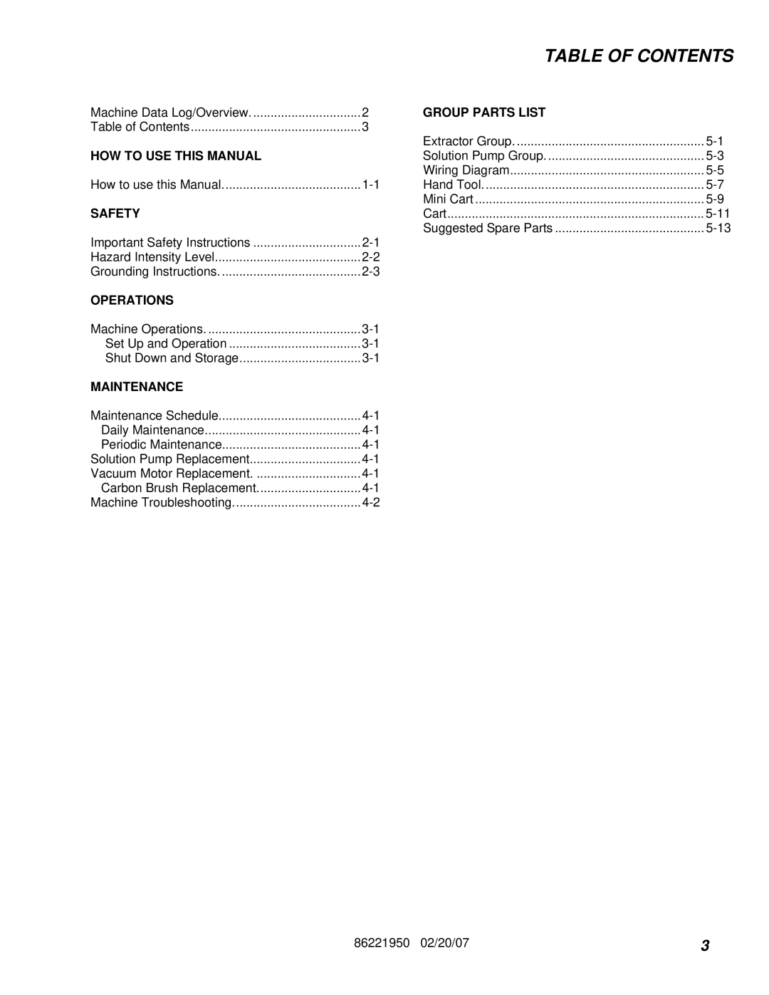 Windsor 86221950 manual Table of Contents 